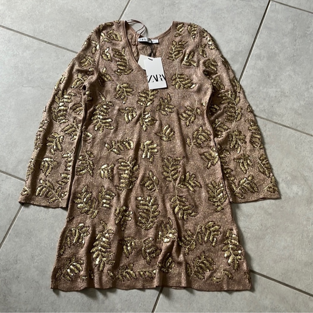ZARA Limited Edition Embellished Sequined Leaf Gold Long Sleeve Knit Mini Dress